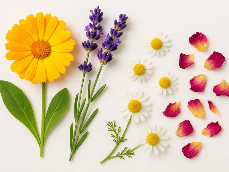 Ringelblume, Lavendel, Kamille und Rosenblüte